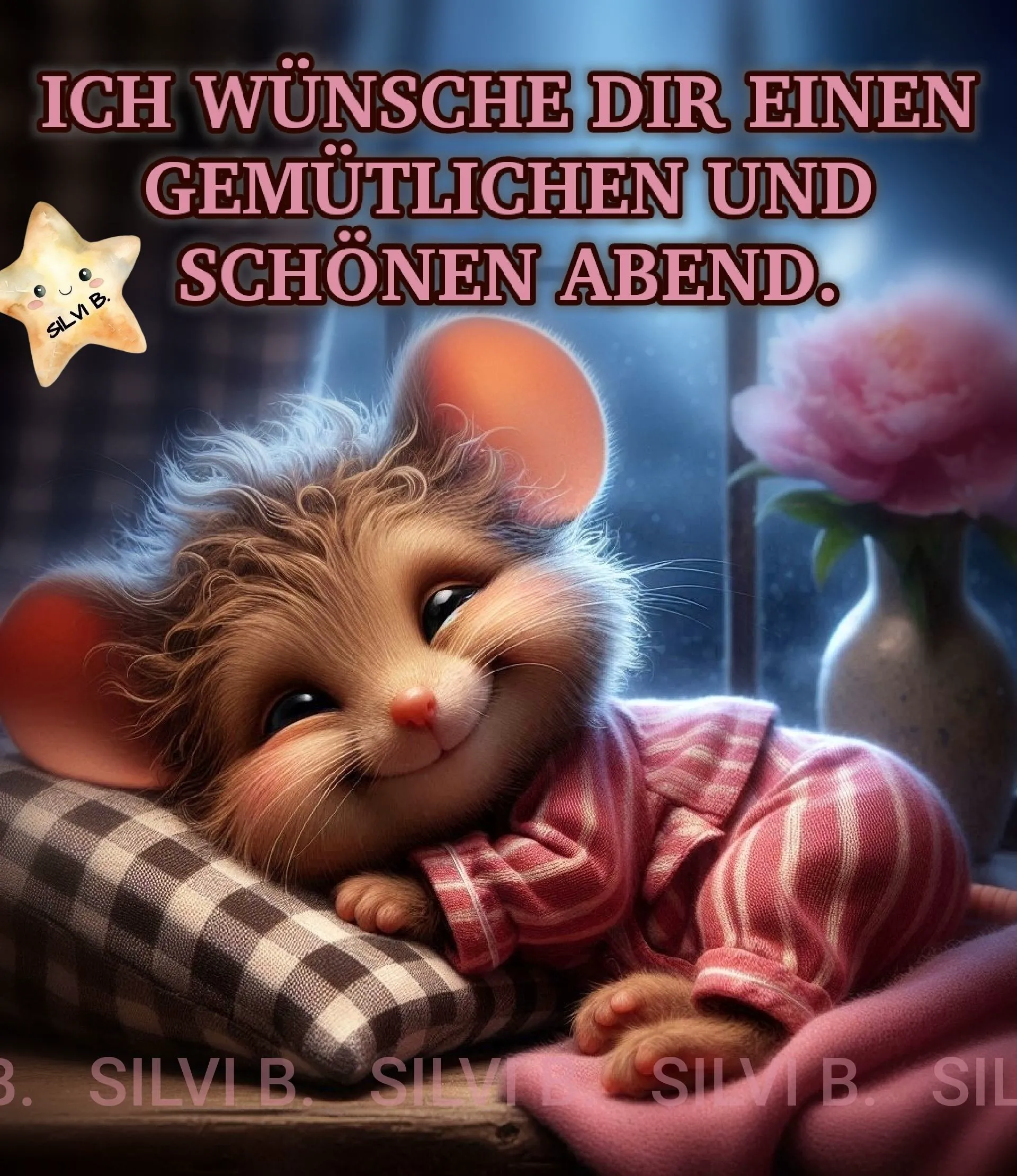 Ein niedliches, flauschiges Zeichentrick-Mäuschen in rosa Pyjama liegt lächelnd auf einem Kissen, bereit für einen entspannten Abendgruß.